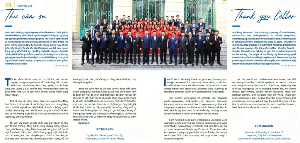 Bilingual Vietnamese-English gratitude letter design of the Head of Hai Phong Economic Zone Authority